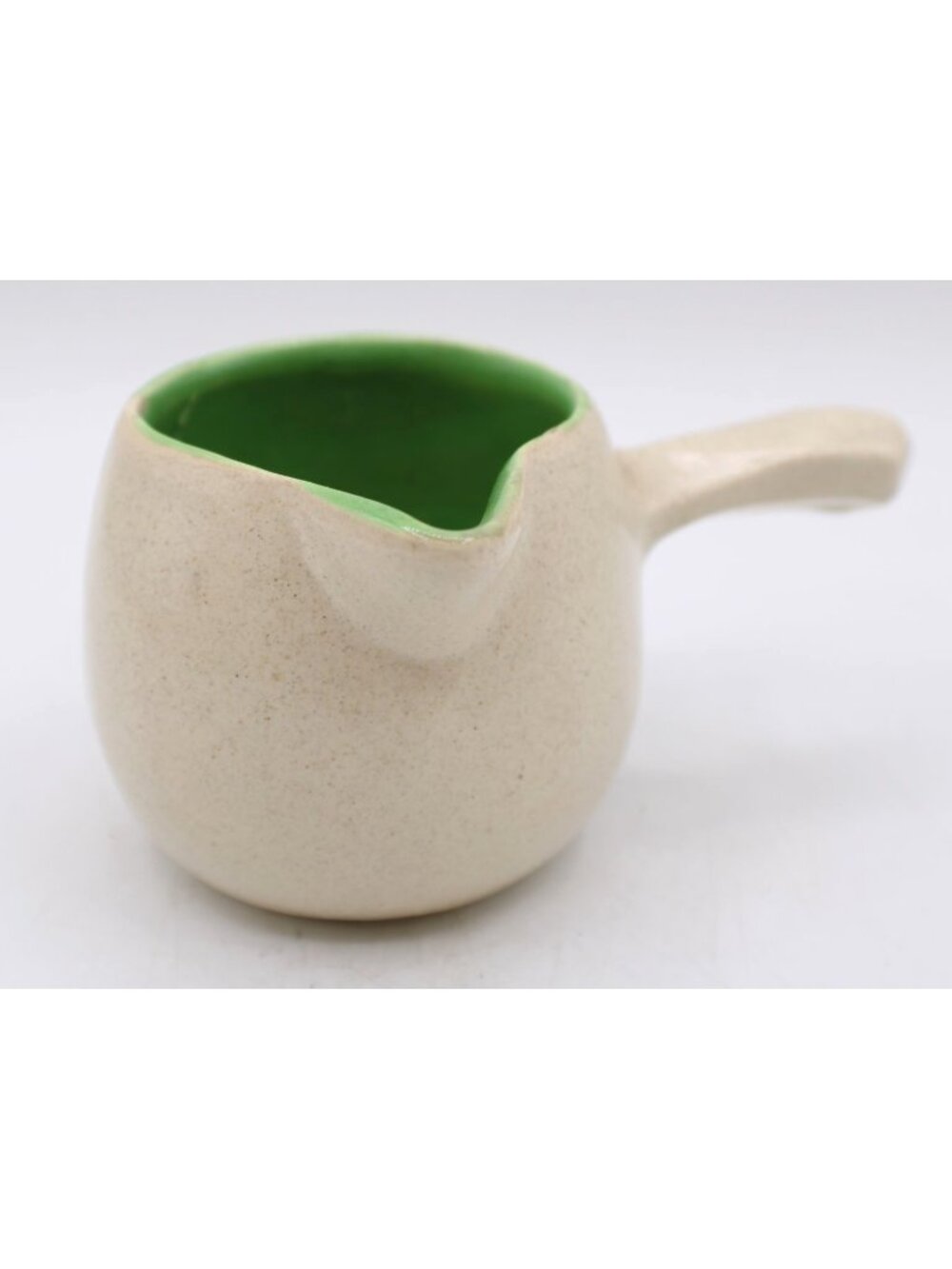 Vtg 1940s McCoy Pottery Stick Handle Sauce Gravy Boat Beige Apple Green Glaze